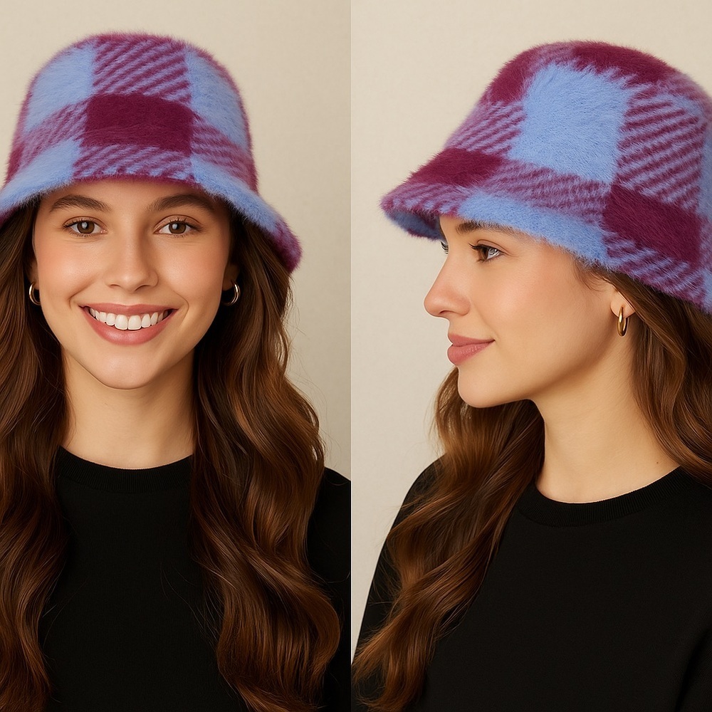 Fuzzy Plaid Bucket Hat – Purple & Baby Blue | Soft Winter Style | One Size